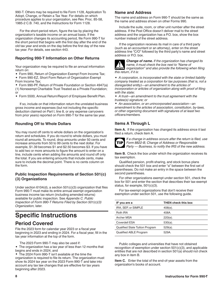Instructions for IRS Form 990-T Exempt Organization Business Income Tax Return (And Proxy Tax Under Section 6033(E)), Page 8