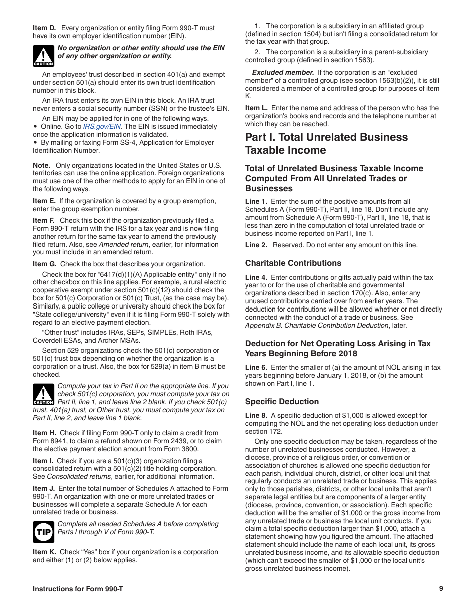 Instructions for IRS Form 990-T Exempt Organization Business Income Tax Return (And Proxy Tax Under Section 6033(E)), Page 9
