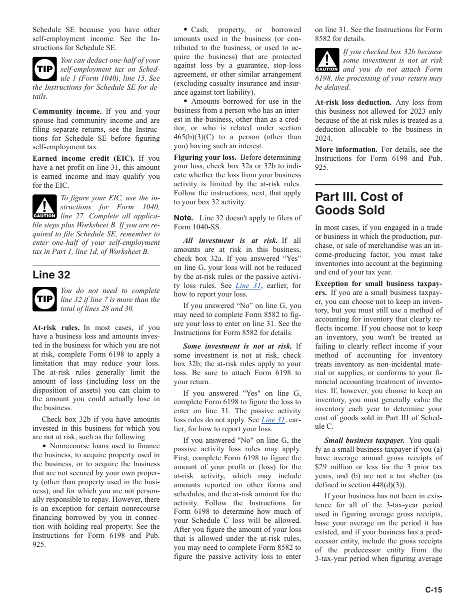 Instructions for IRS Form 1040 Schedule C Profit or Loss From Business, Page 15