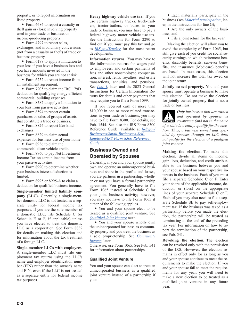 Instructions for IRS Form 1040 Schedule C Profit or Loss From Business, Page 2
