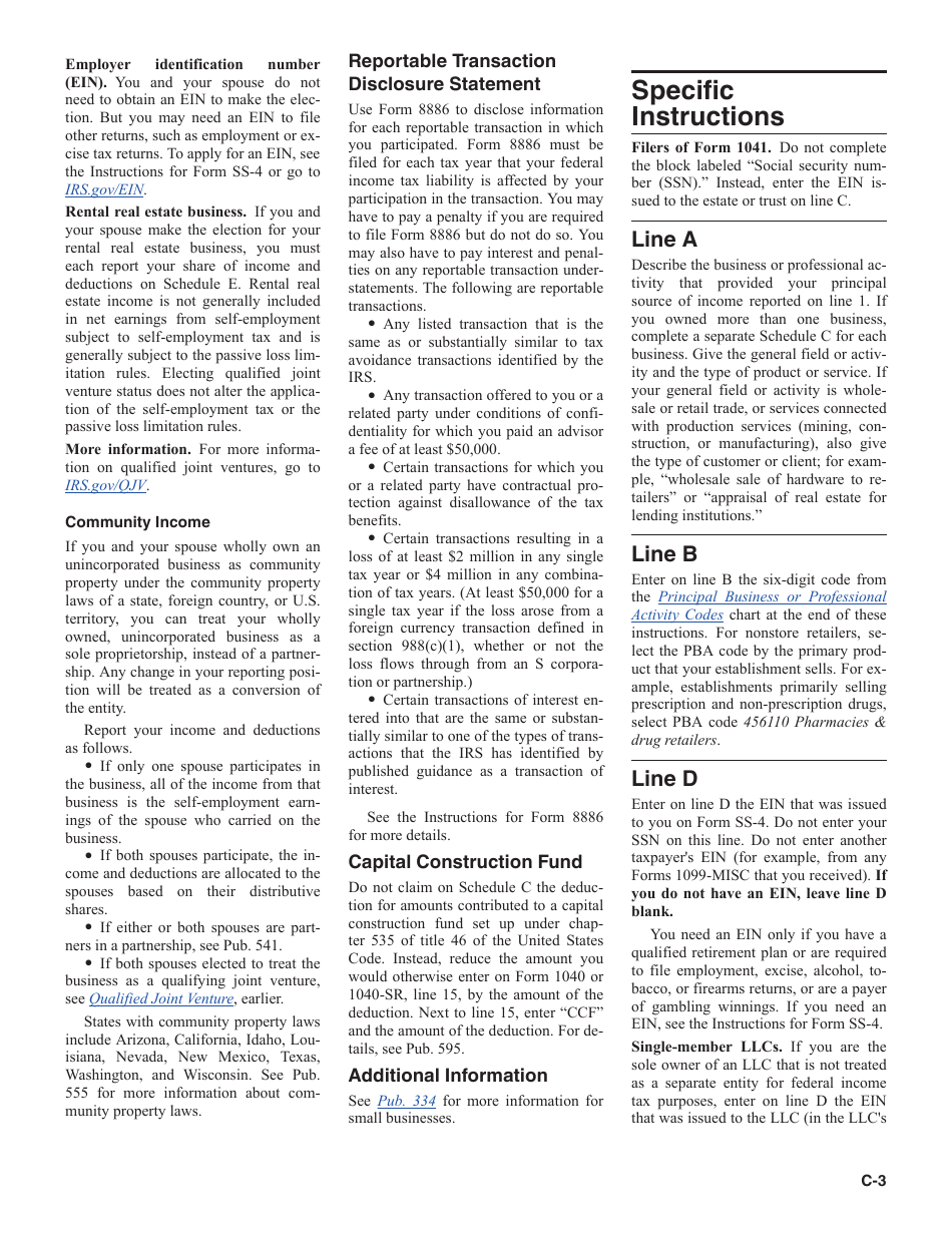 Instructions for IRS Form 1040 Schedule C Profit or Loss From Business, Page 3