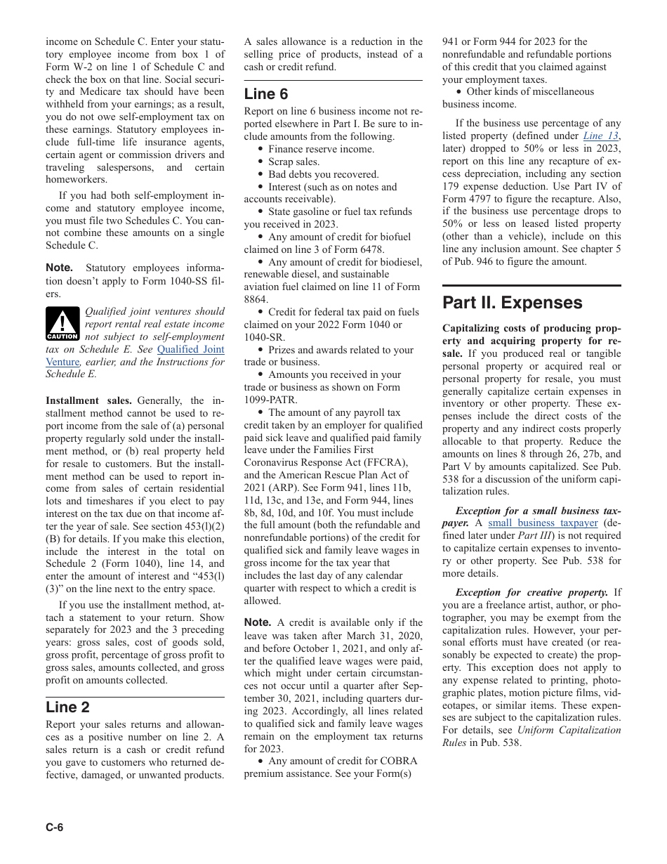 Instructions for IRS Form 1040 Schedule C Profit or Loss From Business, Page 6