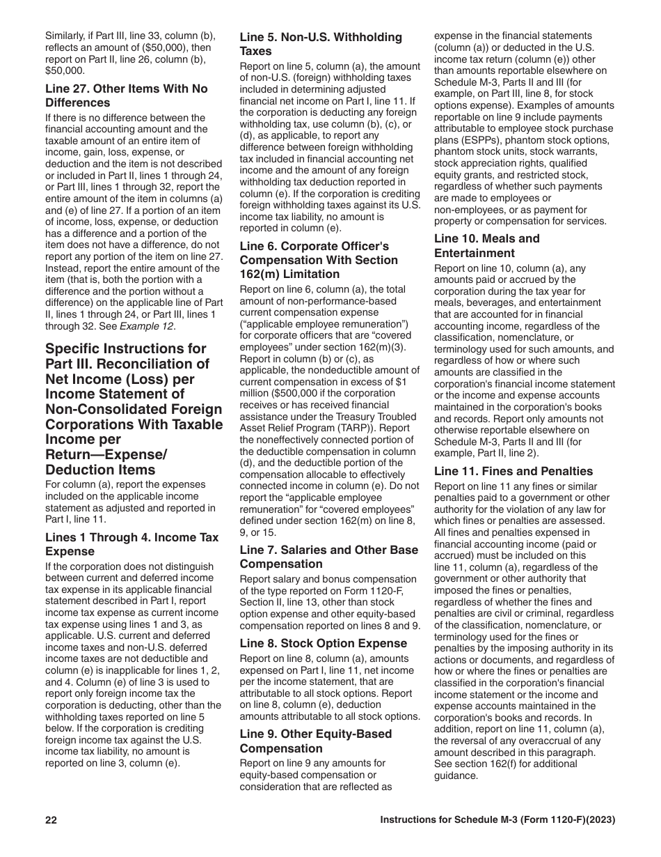 Instructions for IRS Form 1120-F Schedule M-3 Net Income (Loss) Reconciliation for Foreign Corporations With Reportable Assets of $10 Million or More, Page 22