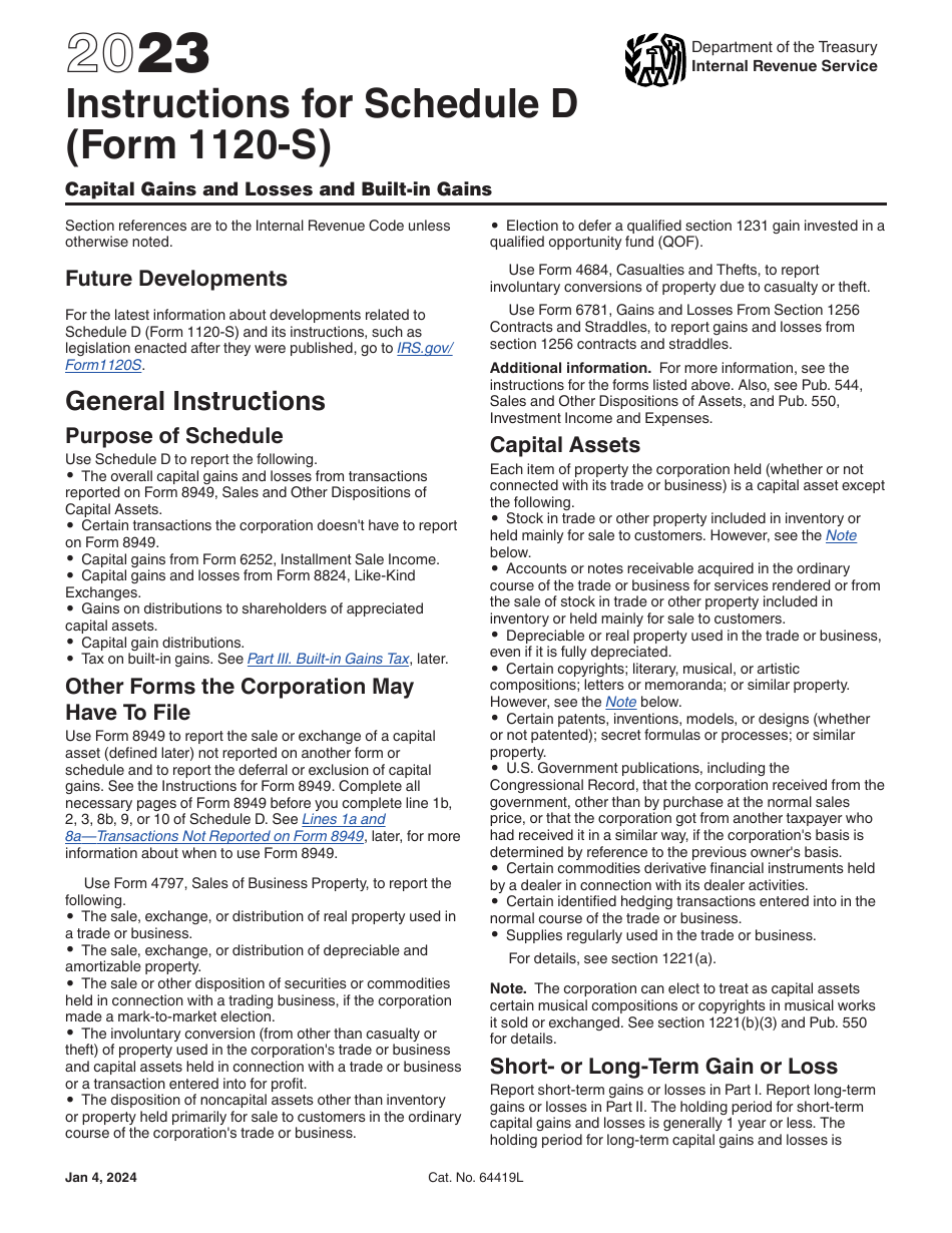 Instructions for IRS Form 1120-S Schedule D Capital Gains and Losses and Built-In Gains, Page 1