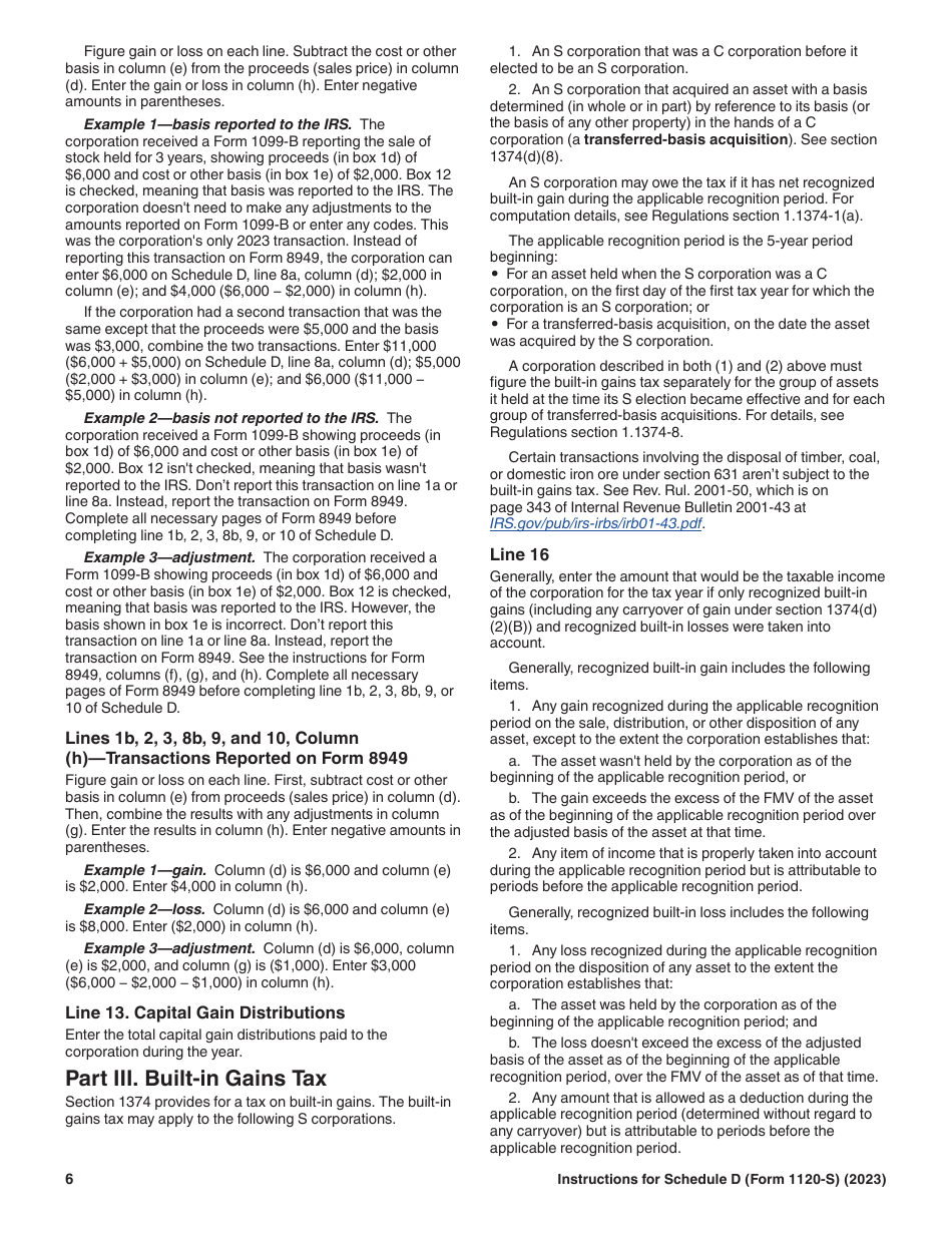 Instructions for IRS Form 1120-S Schedule D Capital Gains and Losses and Built-In Gains, Page 6