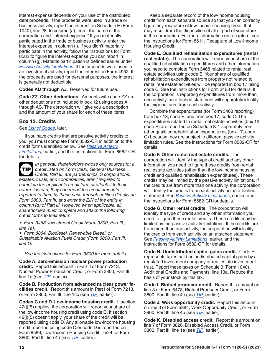 Instructions for IRS Form 1120-S Schedule K-1 Shareholders Share of Current Year Income, Deductions, Credits, and Other Items, Page 12