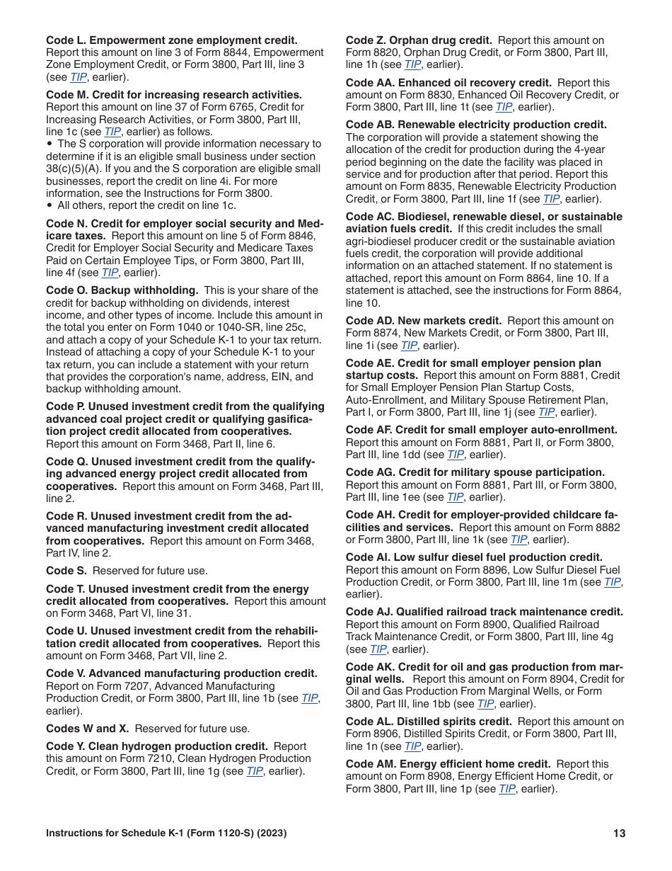 Instructions for IRS Form 1120-S Schedule K-1 Shareholders Share of Current Year Income, Deductions, Credits, and Other Items, Page 13