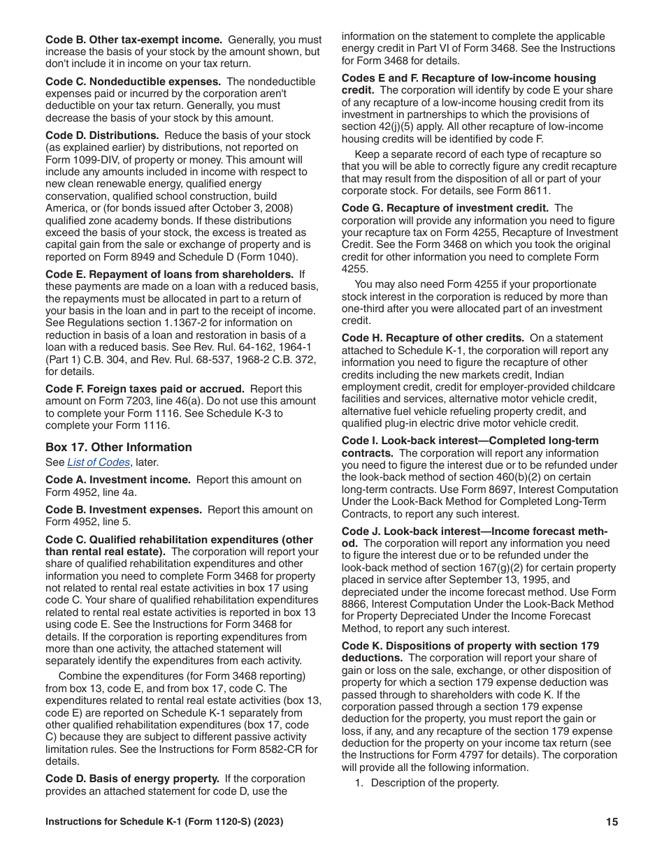 Instructions for IRS Form 1120-S Schedule K-1 Shareholders Share of Current Year Income, Deductions, Credits, and Other Items, Page 15