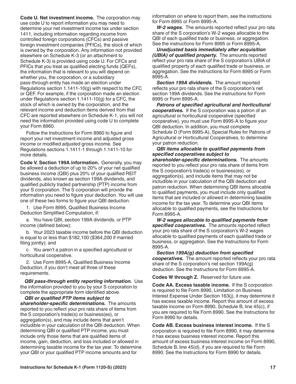 Instructions for IRS Form 1120-S Schedule K-1 Shareholders Share of Current Year Income, Deductions, Credits, and Other Items, Page 17