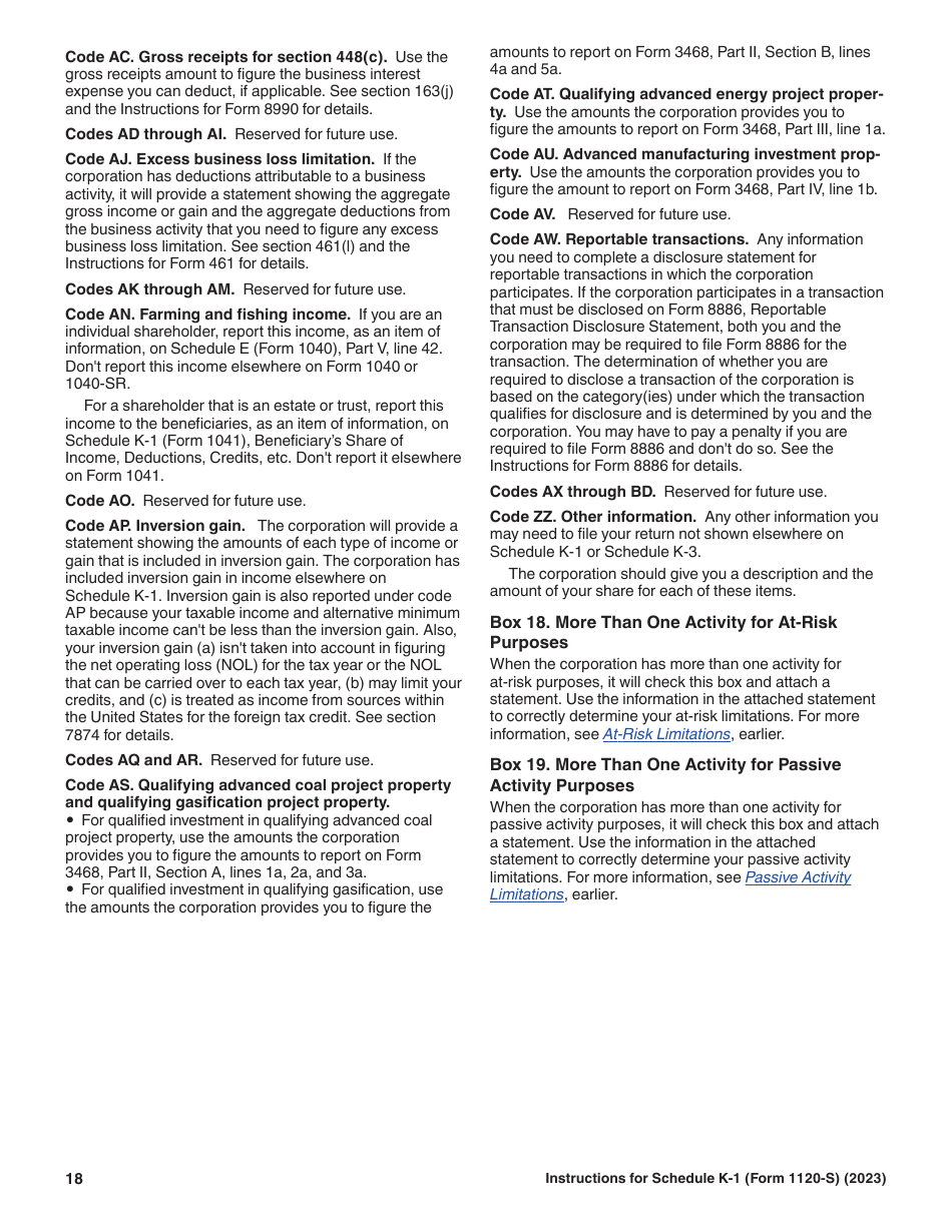 Instructions for IRS Form 1120-S Schedule K-1 Shareholders Share of Current Year Income, Deductions, Credits, and Other Items, Page 18