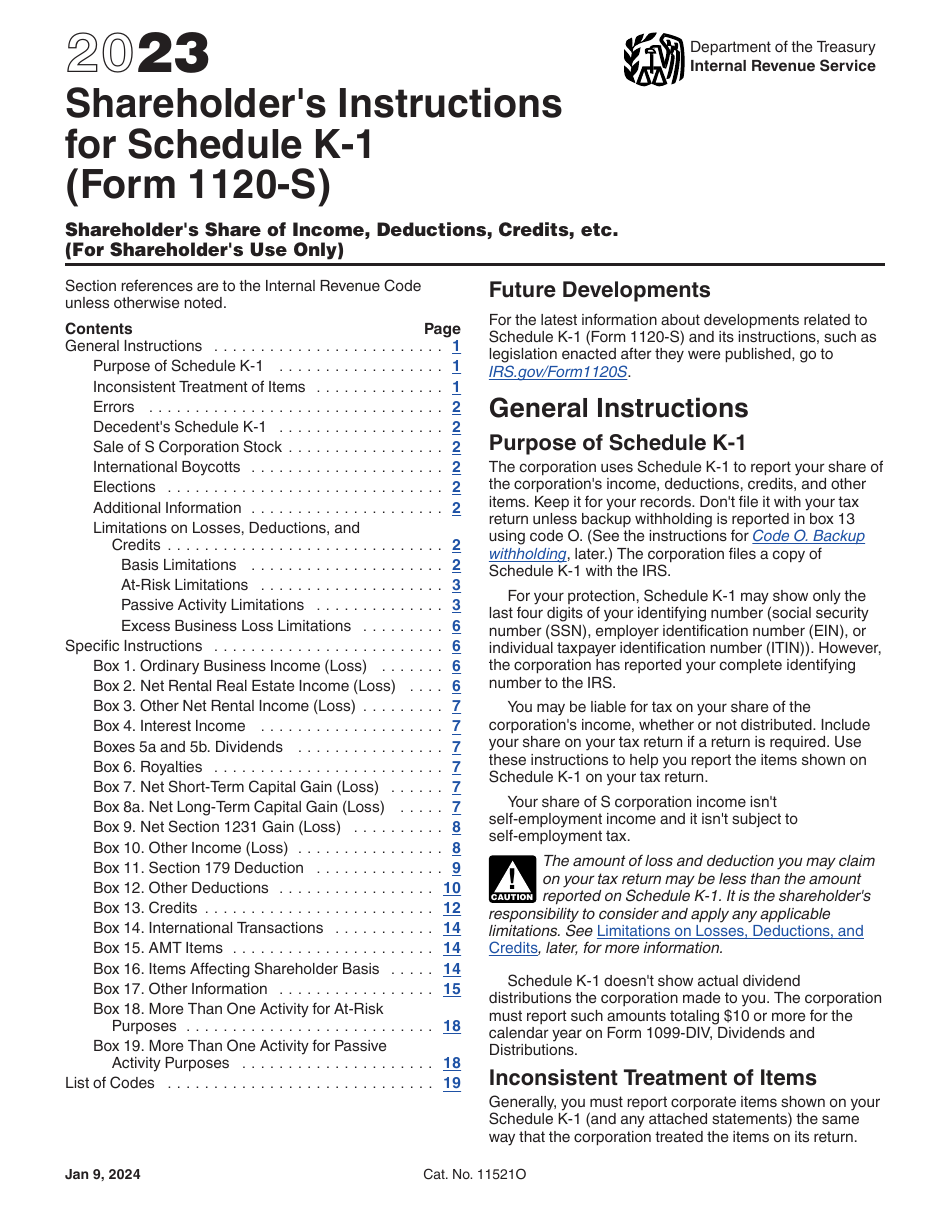 Instructions for IRS Form 1120-S Schedule K-1 Shareholders Share of Current Year Income, Deductions, Credits, and Other Items, Page 1