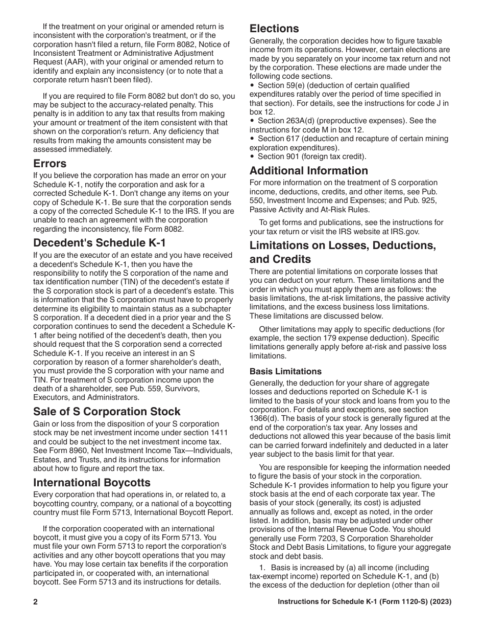 Instructions for IRS Form 1120-S Schedule K-1 Shareholders Share of Current Year Income, Deductions, Credits, and Other Items, Page 2