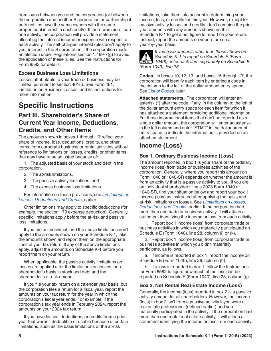 Instructions for IRS Form 1120-S Schedule K-1 Shareholders Share of Current Year Income, Deductions, Credits, and Other Items, Page 6