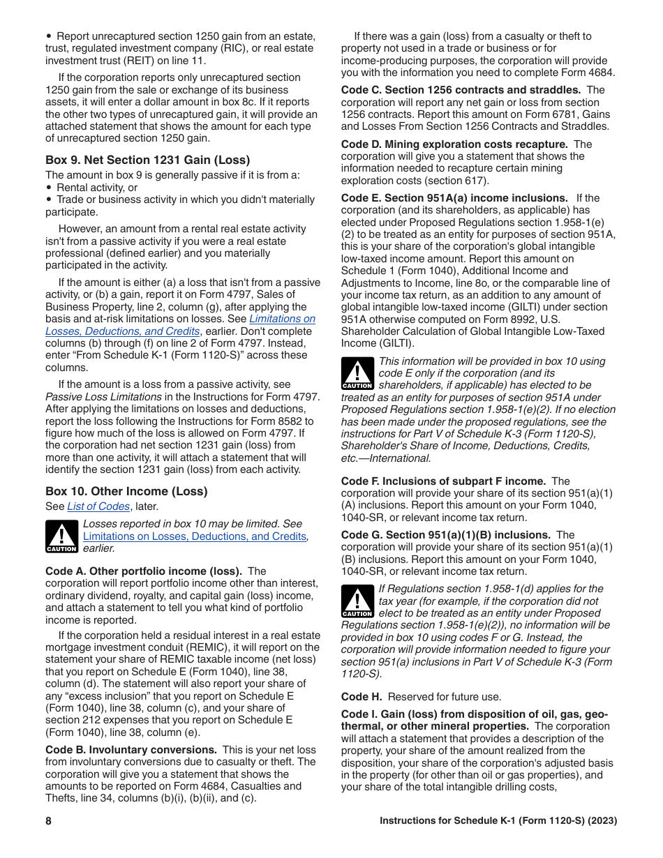 Instructions for IRS Form 1120-S Schedule K-1 Shareholders Share of Current Year Income, Deductions, Credits, and Other Items, Page 8