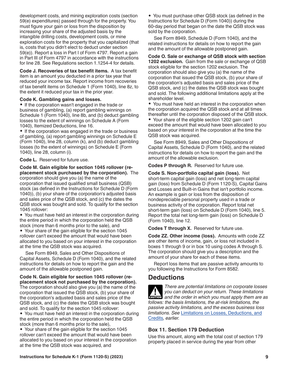 Instructions for IRS Form 1120-S Schedule K-1 Shareholders Share of Current Year Income, Deductions, Credits, and Other Items, Page 9