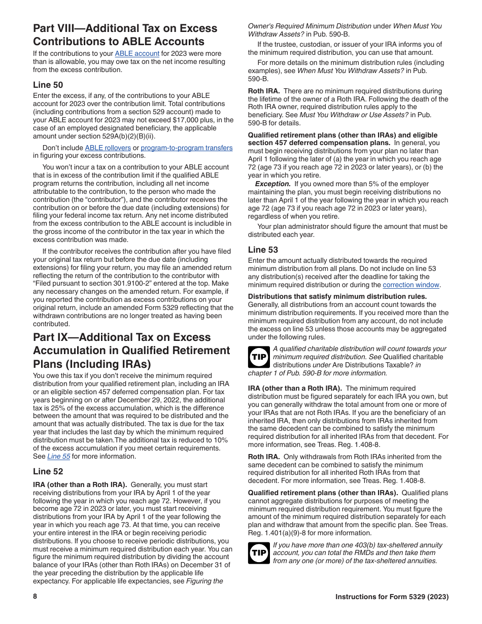 Instructions for IRS Form 5329 Additional Taxes on Qualified Plans (Including IRAs) and Other Tax-Favored Accounts, Page 8