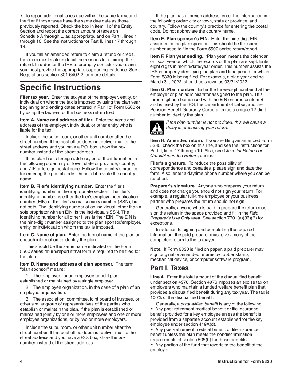Download Instructions for IRS Form 5330 Return of Excise Taxes Related