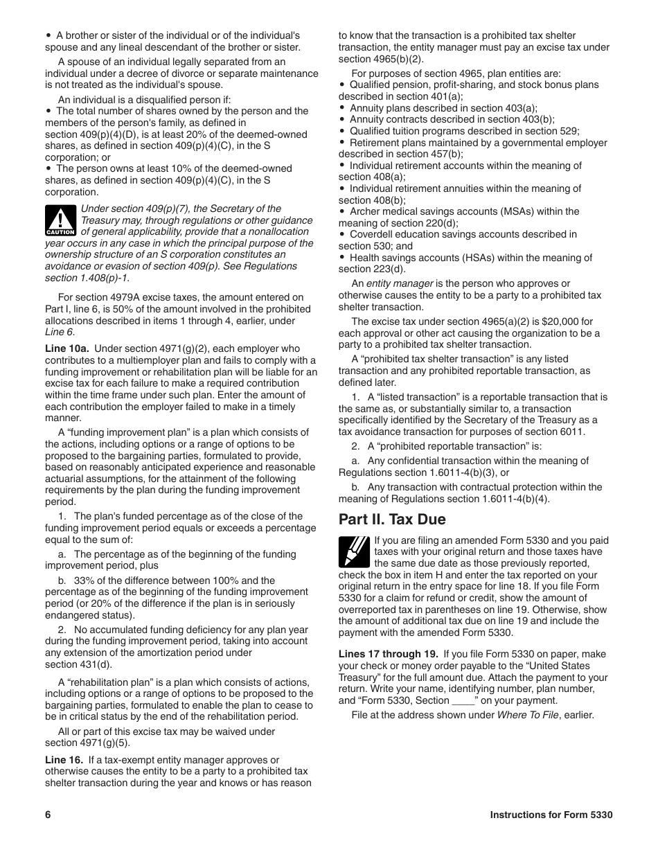 Download Instructions for IRS Form 5330 Return of Excise Taxes Related