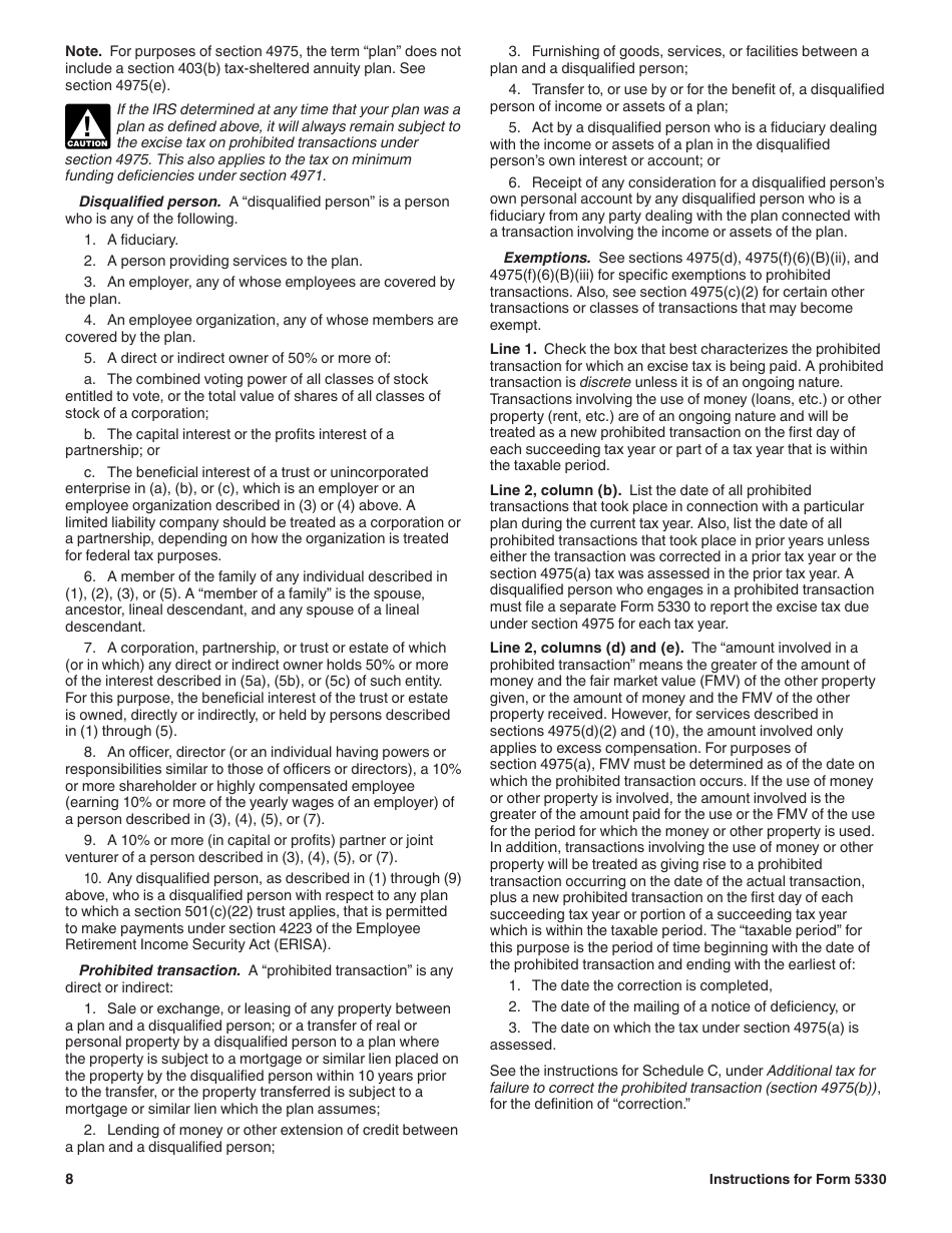 Download Instructions for IRS Form 5330 Return of Excise Taxes Related