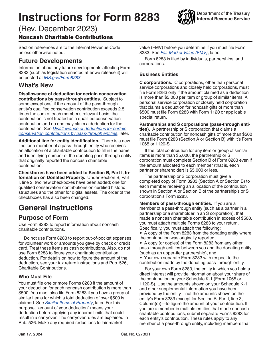 Download Instructions for IRS Form 8283 Noncash Charitable ...