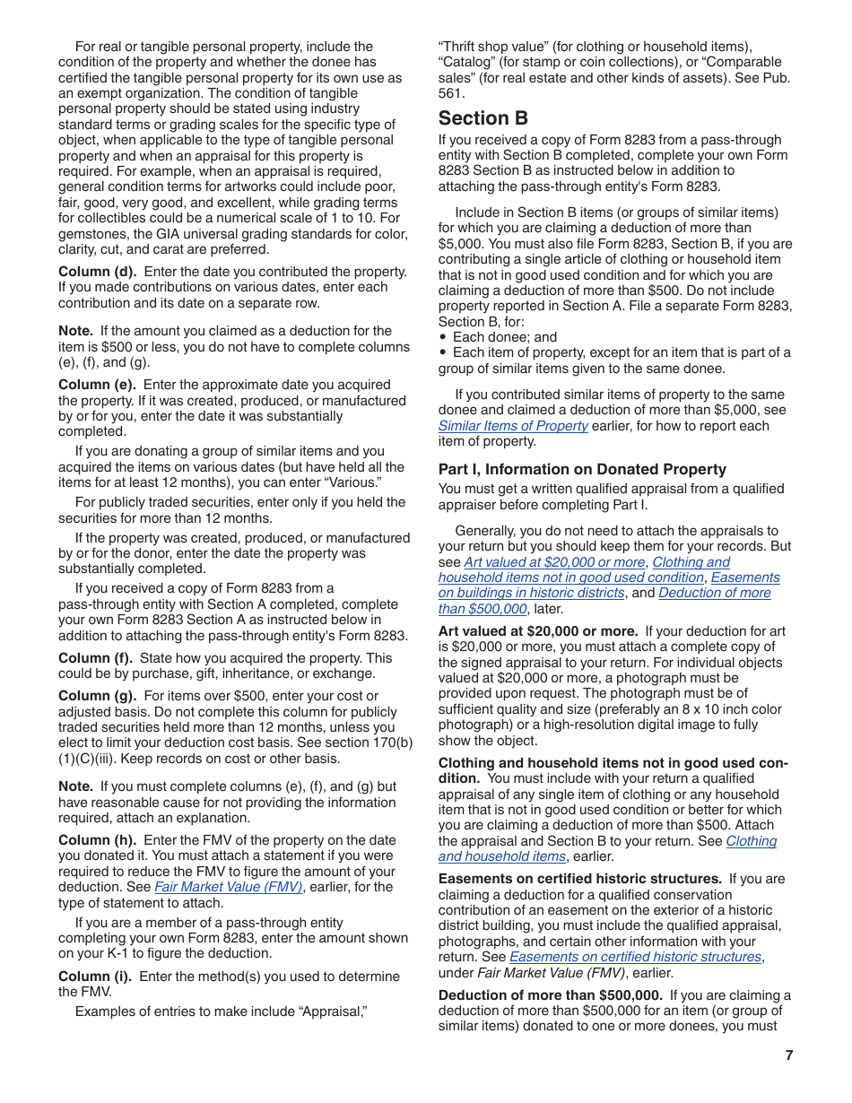 Instructions for IRS Form 8283 Noncash Charitable Contributions, Page 7