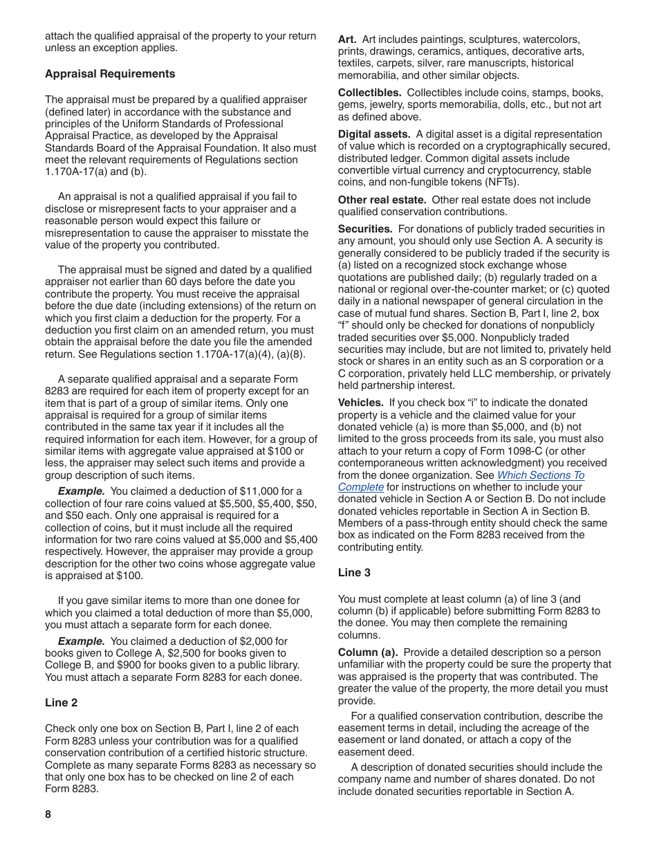 Instructions for IRS Form 8283 Noncash Charitable Contributions, Page 8