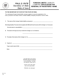 Document preview: Foreign Limited Liability Company Application for Renewal of Registered Name - Iowa