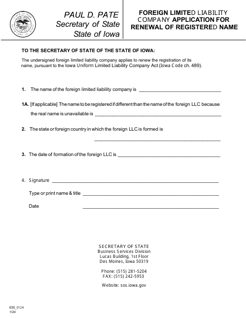 Foreign Limited Liability Company Application for Renewal of Registered Name - Iowa