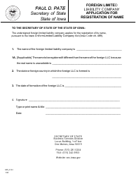 Document preview: Foreign Limited Liability Company Application for Registration of Name - Iowa