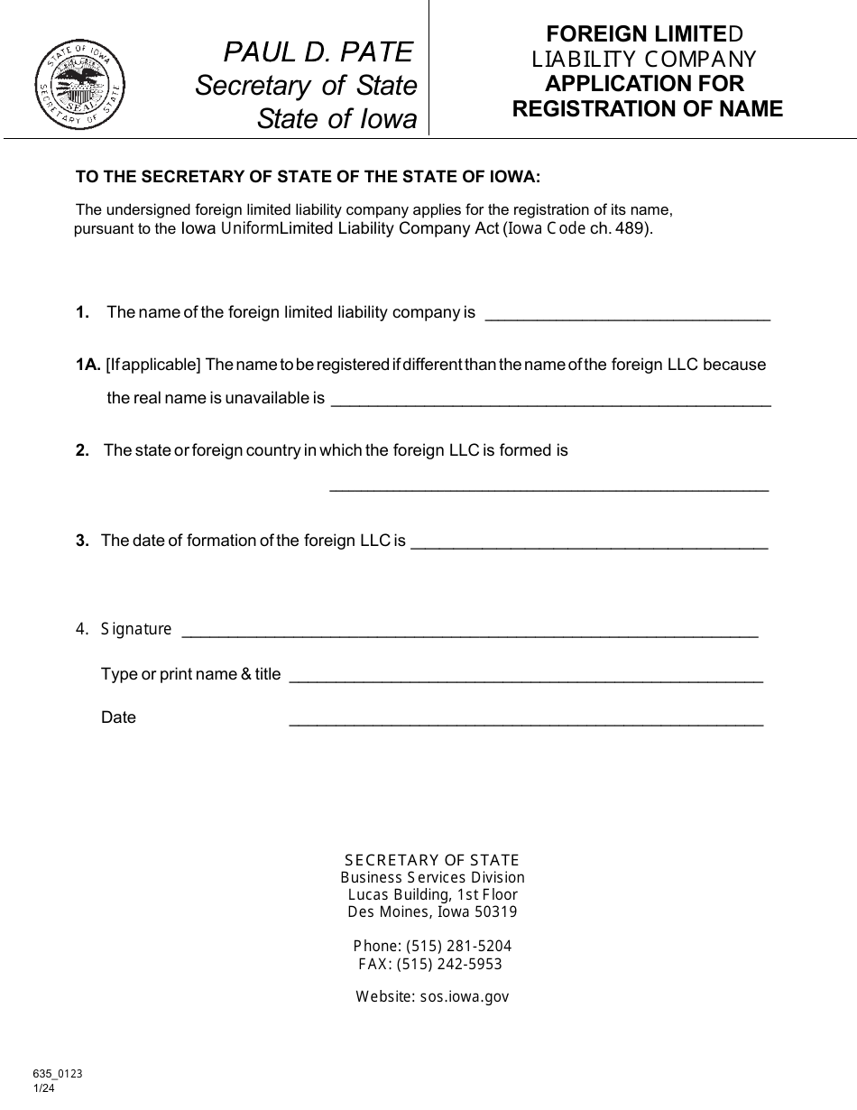 Foreign Limited Liability Company Application for Registration of Name - Iowa, Page 1