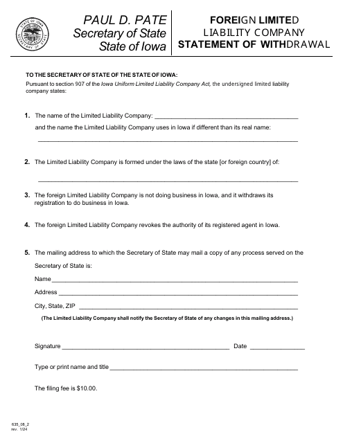 Foreign Limited Liability Company Statement of Withdrawal - Iowa Download Pdf