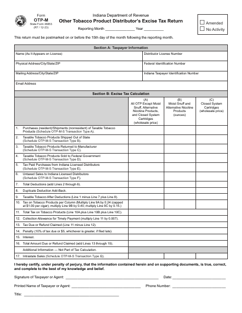 Form OTP-M (State Form 46853) Other Tobacco Product Distributor's Excise Tax Return - Indiana
