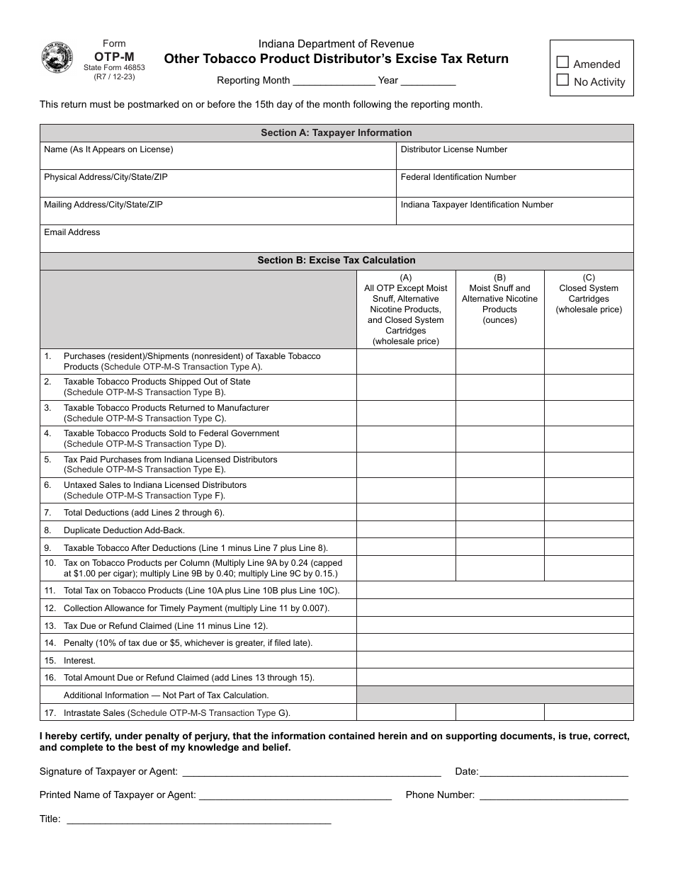 Form OTP-M (State Form 46853) Other Tobacco Product Distributors Excise Tax Return - Indiana, Page 1