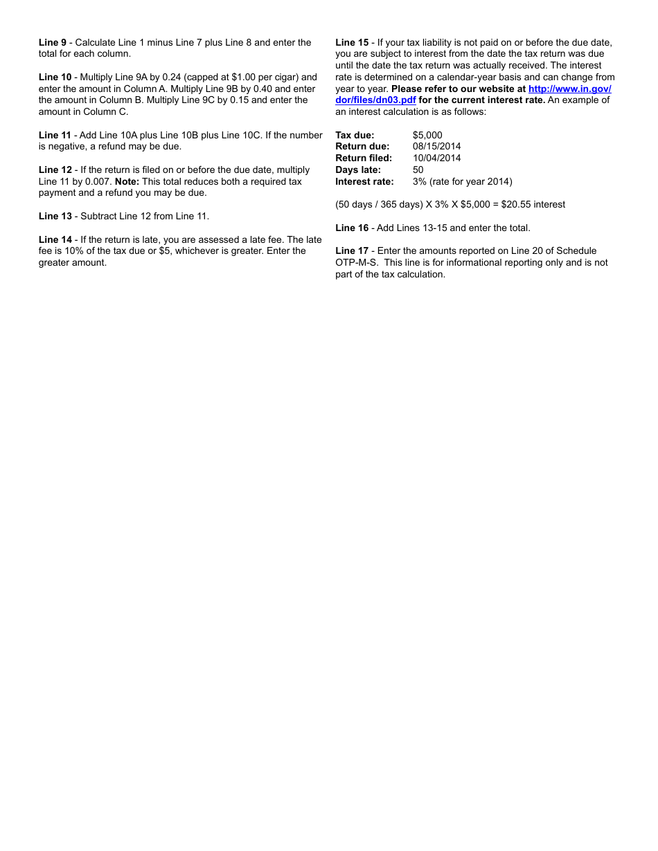Form OTP-M (State Form 46853) Other Tobacco Product Distributors Excise Tax Return - Indiana, Page 3