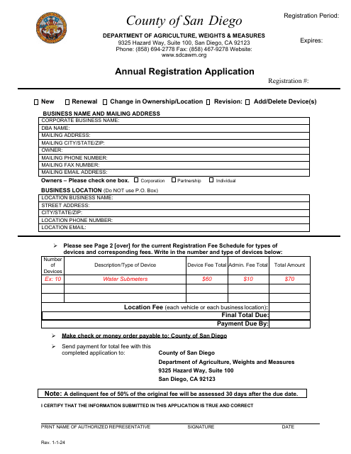 Annual Registration Application - County of San Diego, California Download Pdf