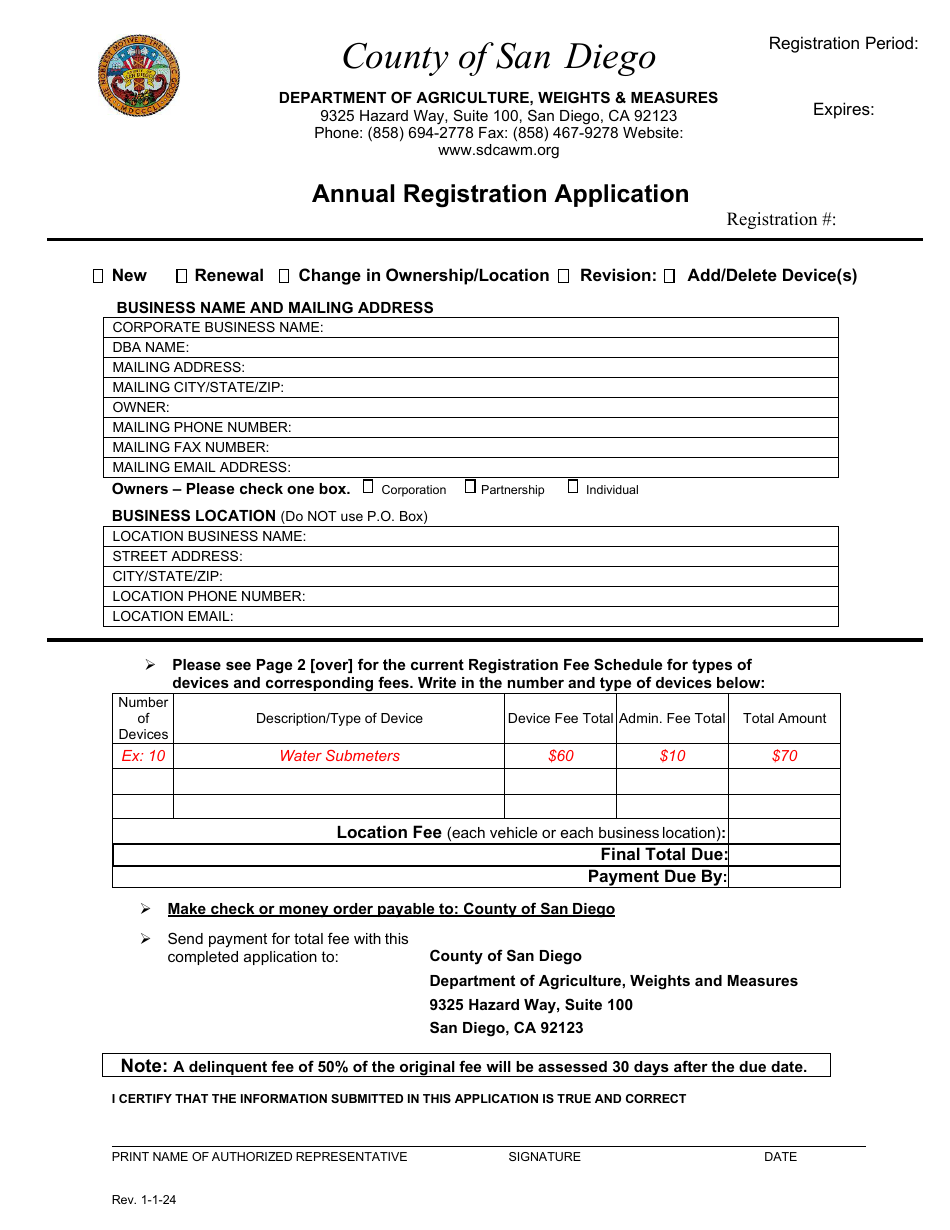 Annual Registration Application - County of San Diego, California, Page 1