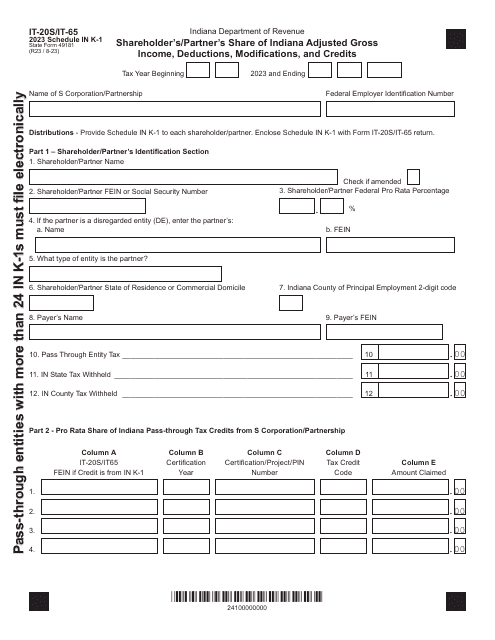 Form IT-20S (IT-65; State Form 49181) Schedule IN K-1 2023 Printable Pdf