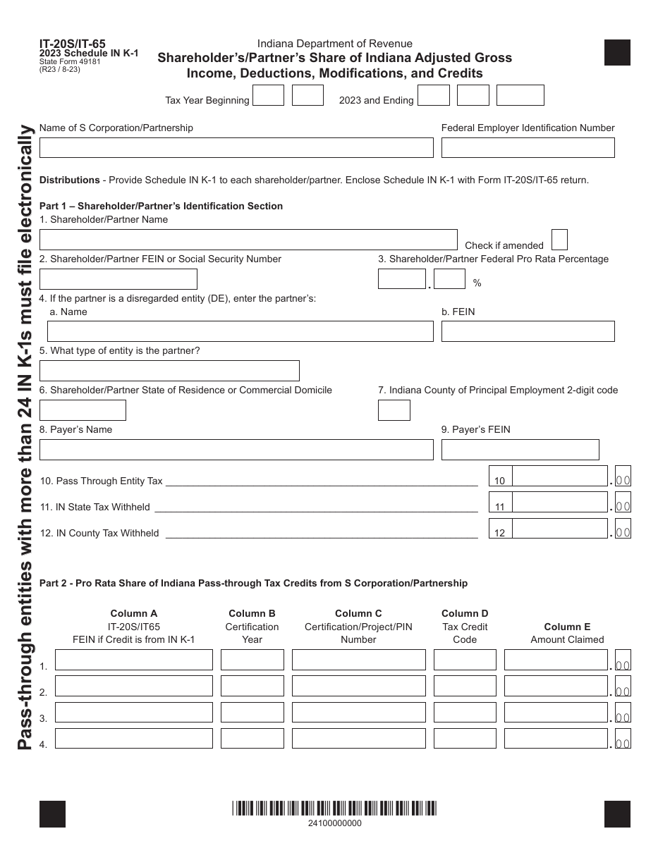 Form IT-20S (IT-65; State Form 49181) Schedule IN K-1 Download Fillable ...