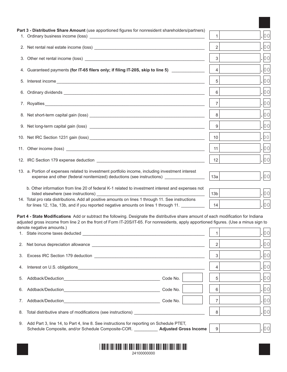 Form IT-20S (IT-65; State Form 49181) Schedule IN K-1 Shareholders / Partners Share of Indiana Adjusted Gross Income, Deductions, Modifications, and Credits - Indiana, Page 2