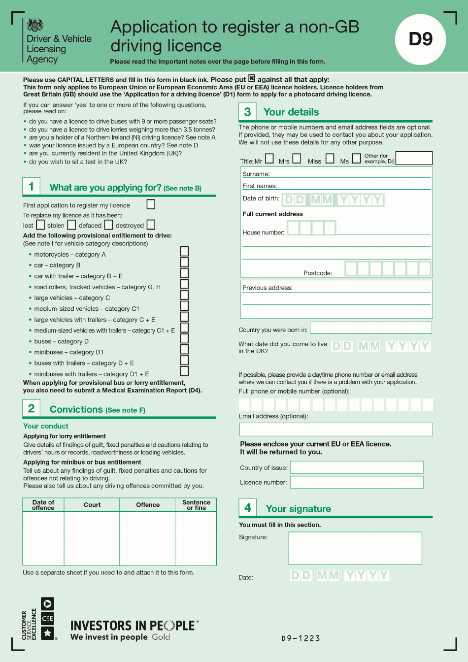 Form D9 Application to Register a Non-gb Driving License - United Kingdom, Page 1