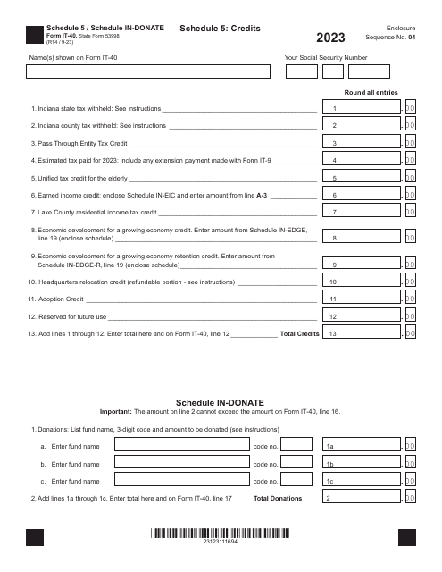 Form IT-40 (State Form 53998) Schedule 5, IN-DONATE 2023 Printable Pdf