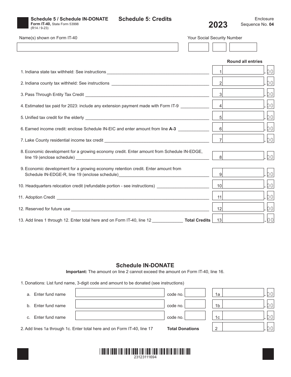 Form IT-40 (State Form 53998) Schedule 5, IN-DONATE Credits / Donations - Indiana, Page 1