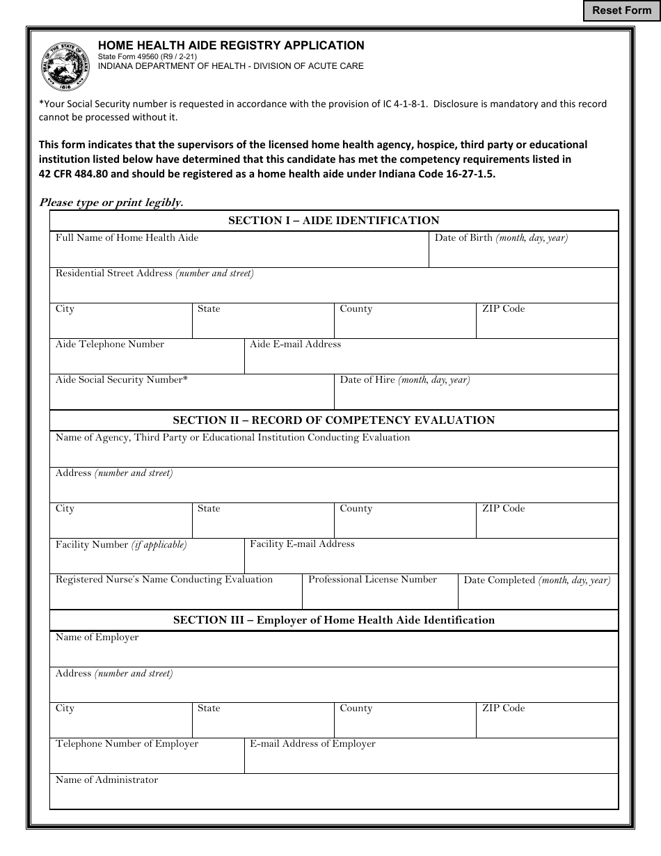 State Form 49560 Home Health Aide Registry Application - Indiana, Page 1
