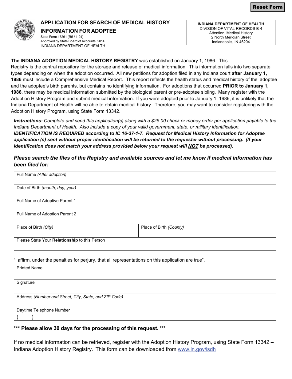 State Form 47261 Application for Search of Medical History Information for Adoptee - Indiana, Page 1