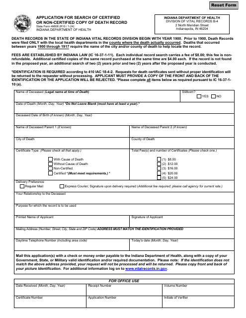 State Form 49606 Application for Search of Certified or Non-certified Copy of Death Record - Indiana