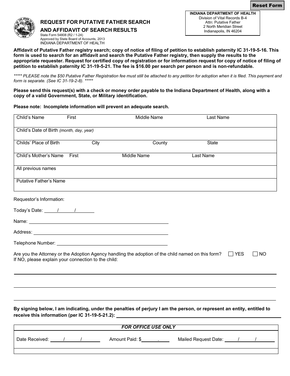 State Form 54808 Request for Putative Father Search and Affidavit of Search Results - Indiana, Page 1
