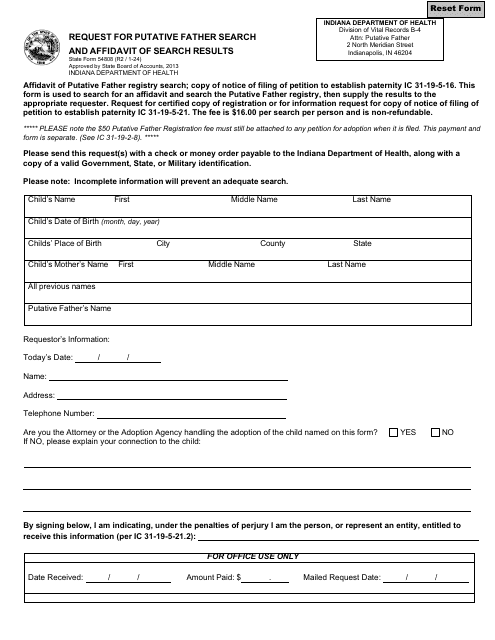 State Form 54808 Request for Putative Father Search and Affidavit of Search Results - Indiana