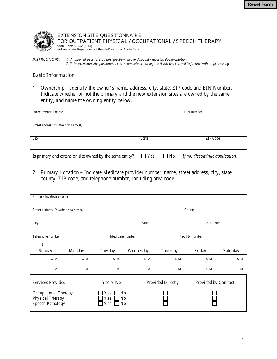 State Form 55642 Extension Site Questionnaire for Outpatient Physical / Occupational / Speech Therapy - Indiana, Page 1