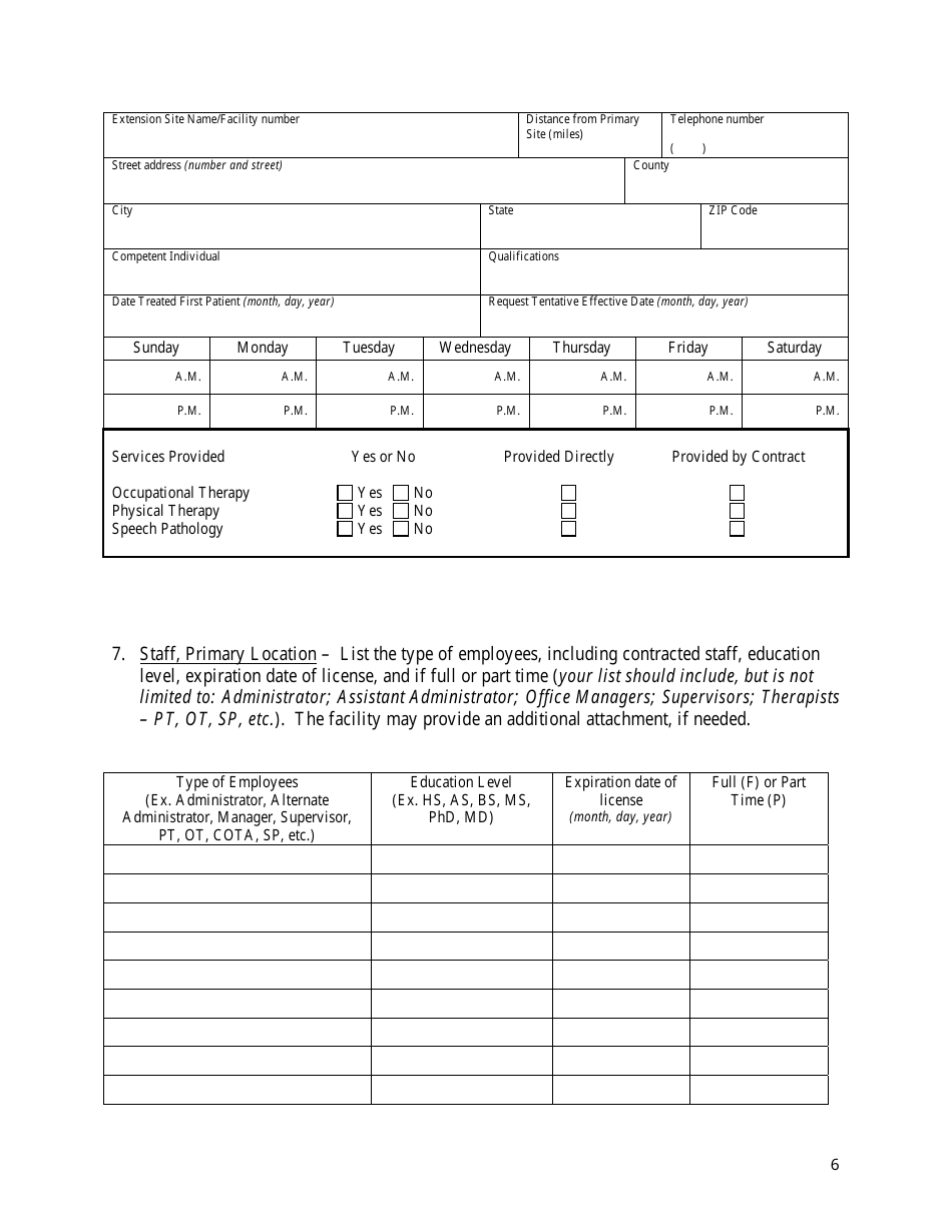 State Form 55642 Extension Site Questionnaire for Outpatient Physical / Occupational / Speech Therapy - Indiana, Page 6