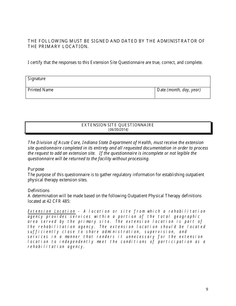 State Form 55642 Extension Site Questionnaire for Outpatient Physical / Occupational / Speech Therapy - Indiana, Page 9